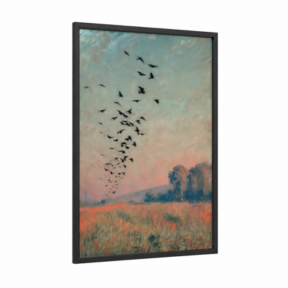 Sunset Finch Migration framed art print — black wood frame — peach and gold palette