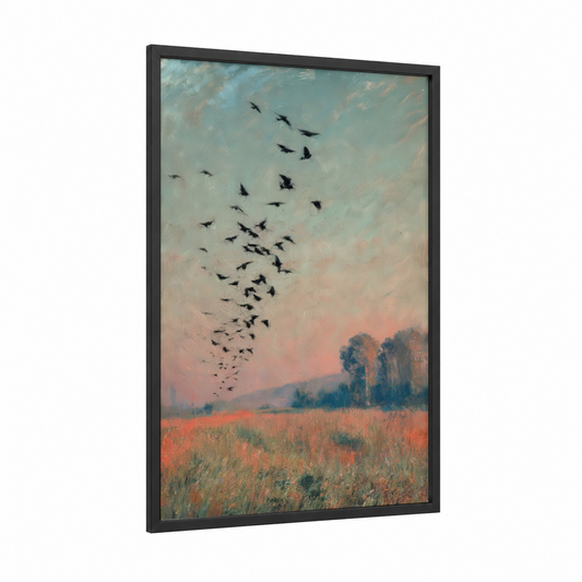 Sunset Finch Migration framed art print — black wood frame — peach and gold palette