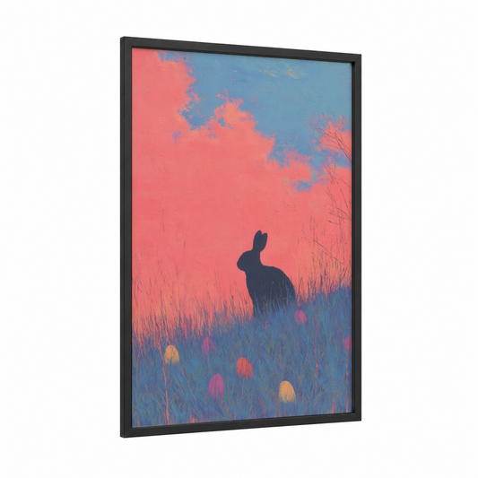 Sunset Rabbit framed easter print — black wood frame — salmon pink and royal blue palette