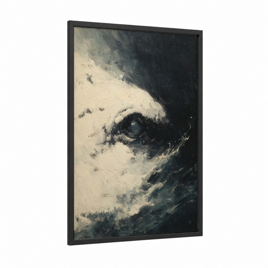 Deep Ocean Whale framed sperm whale print — black wood frame — black and white and gray palette