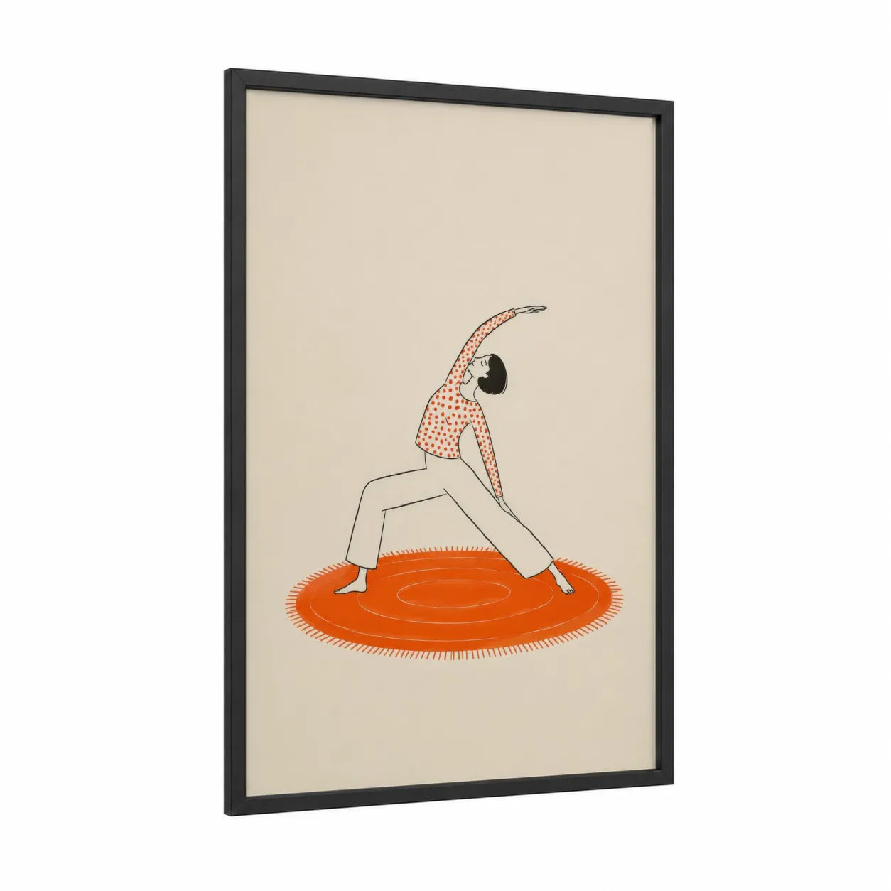 Yoga Triangle Pose Minimalist Wall Art framed fitness yoga print — black wood frame — orange and beige palette