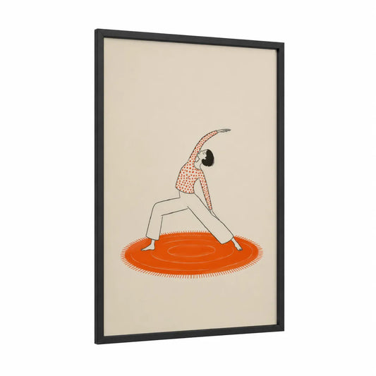Yoga Triangle Pose Minimalist Wall Art framed fitness yoga print — black wood frame — orange and beige palette