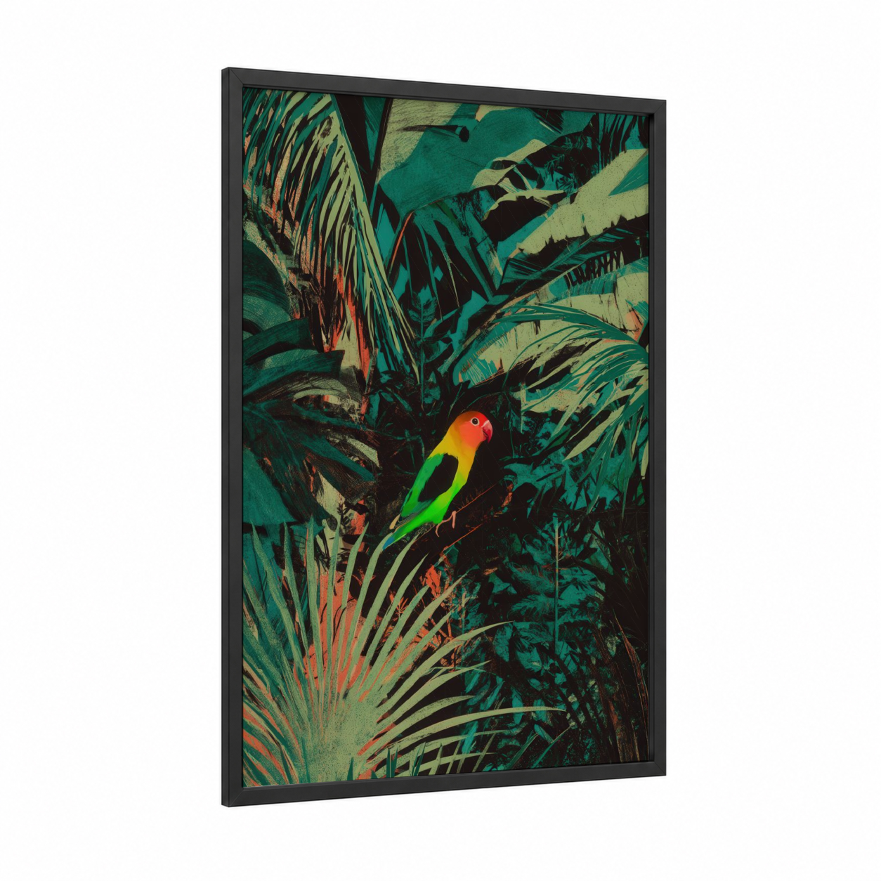 Tropical Parrot framed safari parrots print — black wood frame — teal and green palette