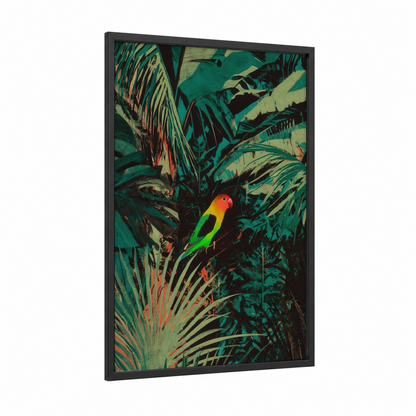 Tropical Parrot framed safari parrots print — black wood frame — teal and green palette