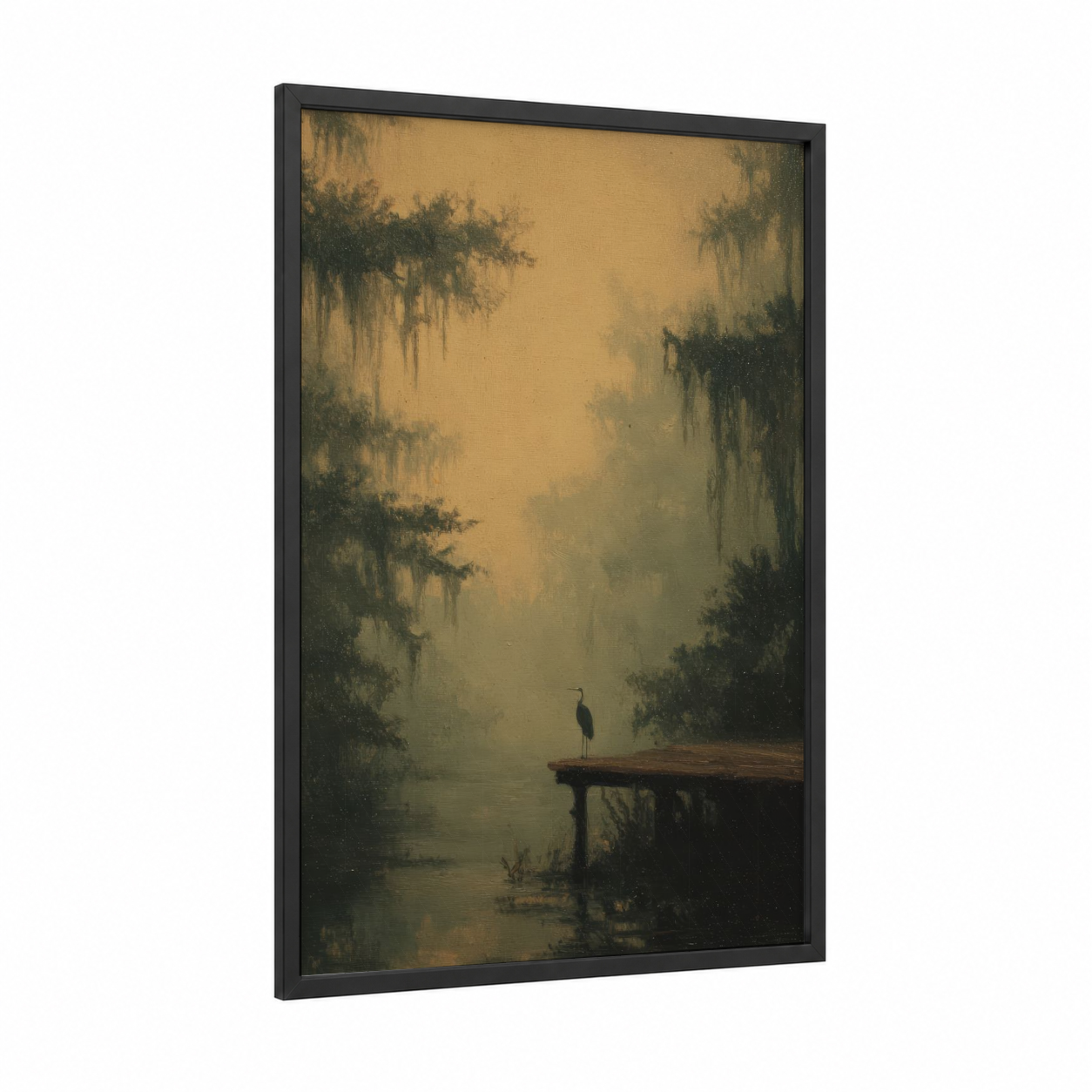 Misty Dock Heron framed docks and piers print — black wood frame — gold and sage green palette