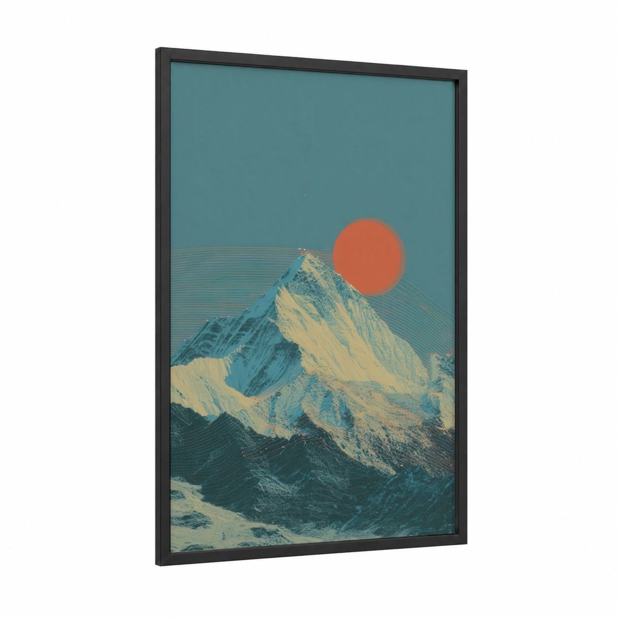 Crimson Summit framed mount everest print — black wood frame — blue and gold palette