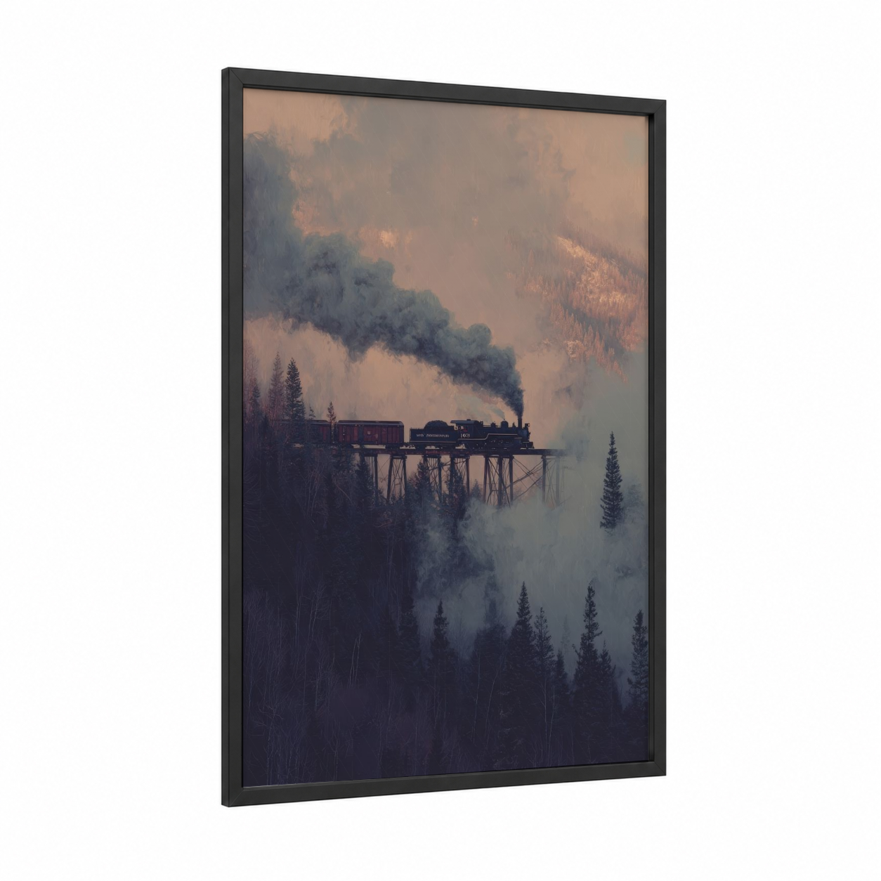 Misty Mountain Train framed art print — black wood frame — champagne gold and dove gray palette