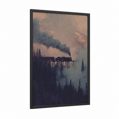 Misty Mountain Train framed art print — black wood frame — champagne gold and dove gray palette