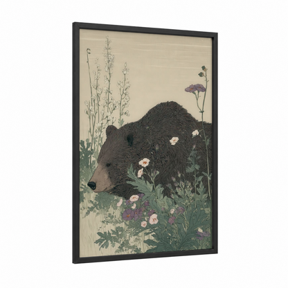 Garden Grizzly framed grizzly bear print — black wood frame — cream and sage green palette