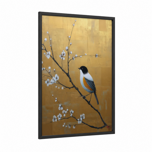 Golden Songbird framed art print — black wood frame — gold and white palette