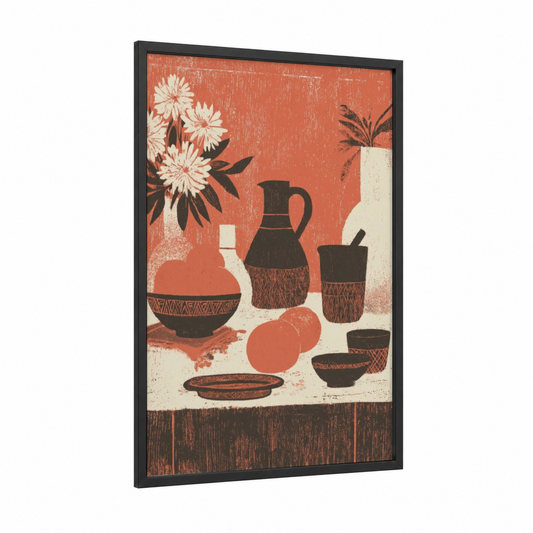 Festive Pottery Celebration framed cinco de mayo print — black wood frame — pumpkin and cream palette