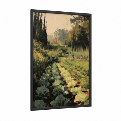 Garden Vegetable Patch framed art print — black wood frame — gold and green palette