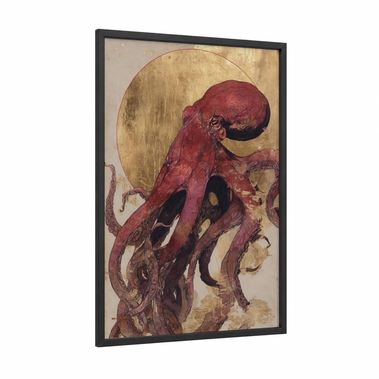 Crimson Octopus framed art print — black wood frame — maroon and gold palette