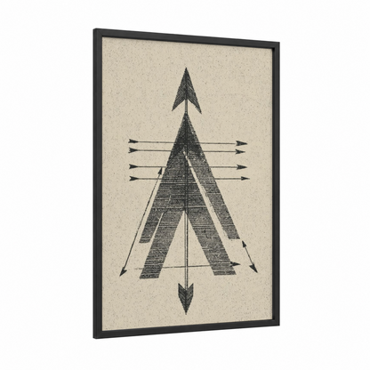 Geometric Archery framed art print — black wood frame — black and white palette