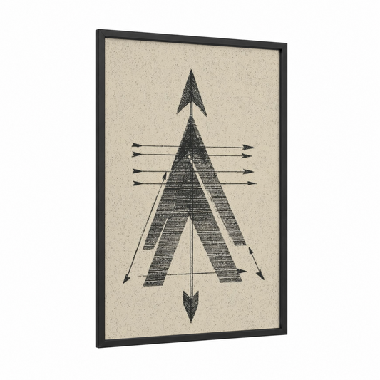 Geometric Archery framed art print — black wood frame — black and white palette