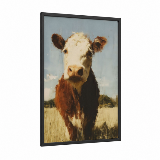 Hereford Pasture framed hereford cow print — black wood frame — gold and russet palette