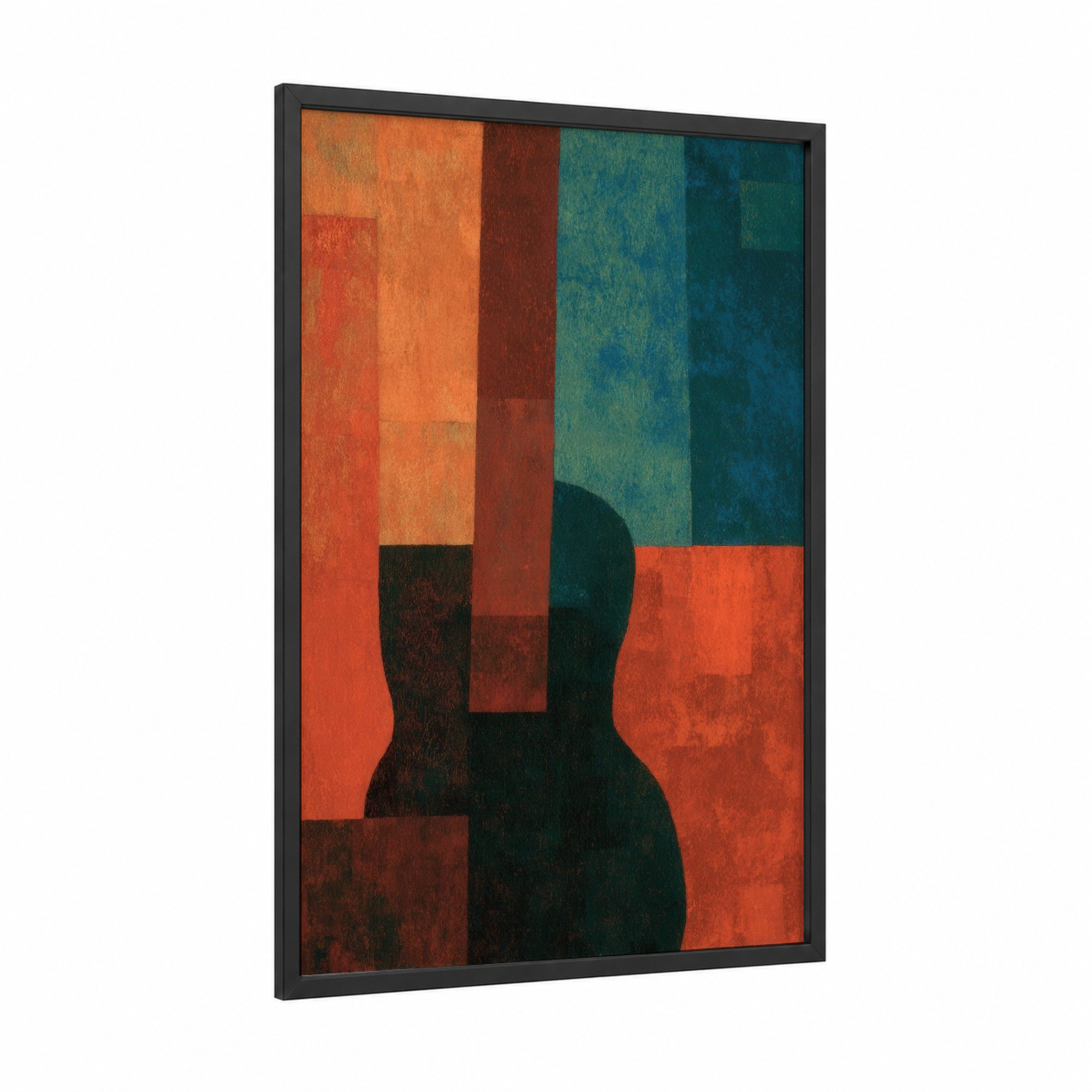 Chromatic Guitar framed acoustic guitar print — black wood frame — orange and teal palette