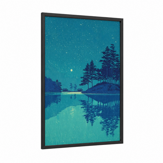 Starlit Lake Reflection framed space print — black wood frame — teal and blue palette