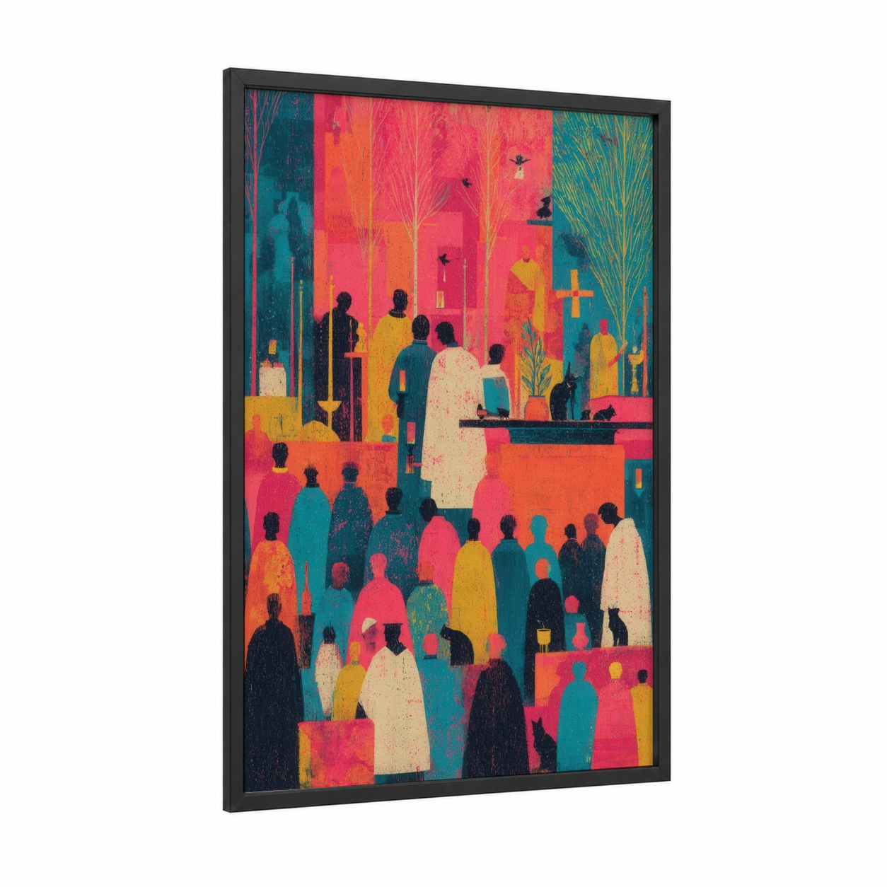 All Saints Procession framed all saints day print — black wood frame — magenta and teal palette