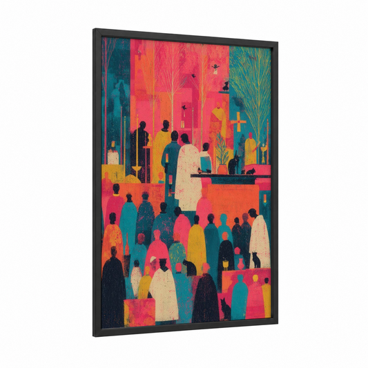 All Saints Procession framed all saints day print — black wood frame — magenta and teal palette