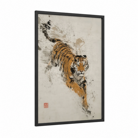 Snowy Tiger Stride framed art print — black wood frame — cream and gold palette