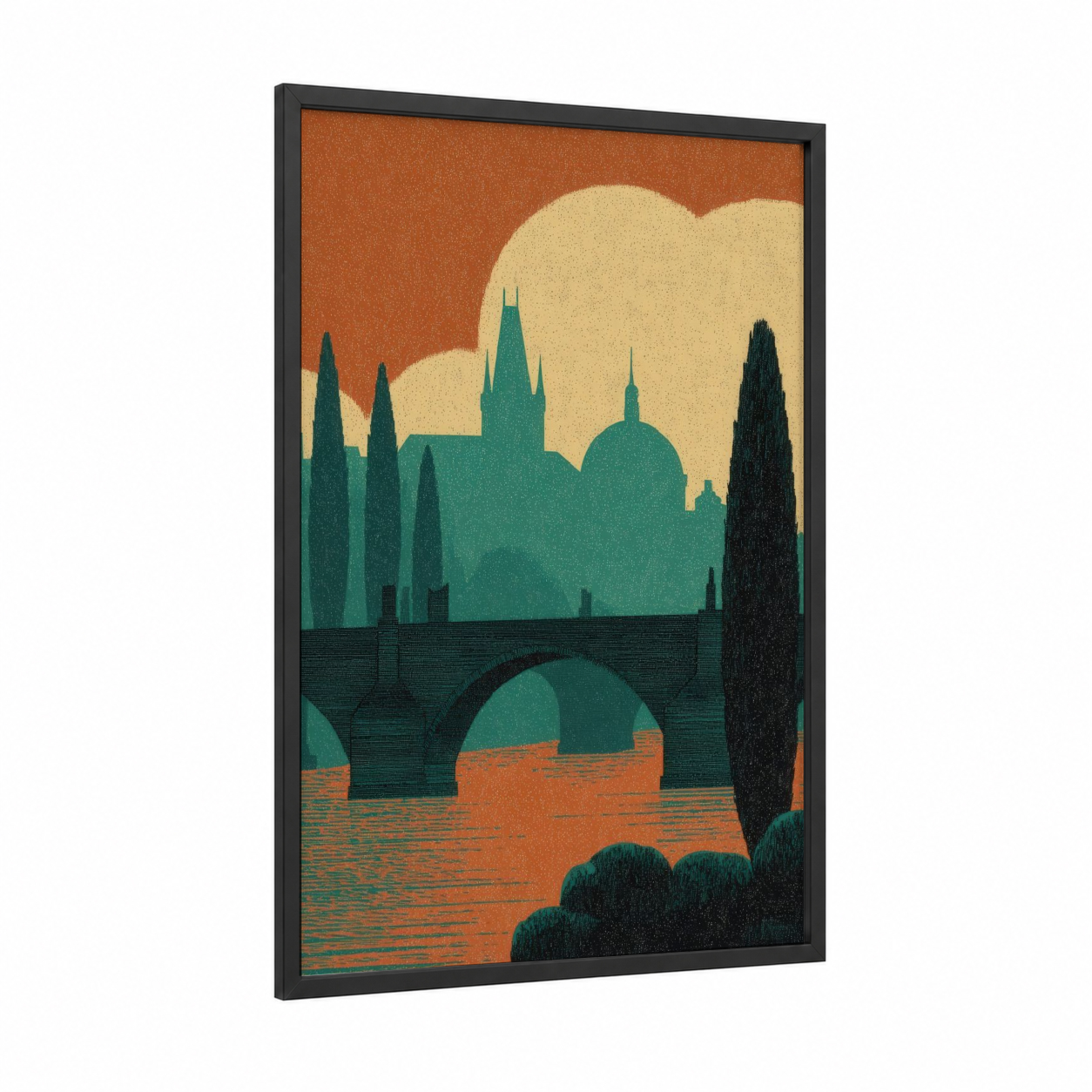 Prague Bridge Sunset framed charles bridge print — black wood frame — orange and gold palette