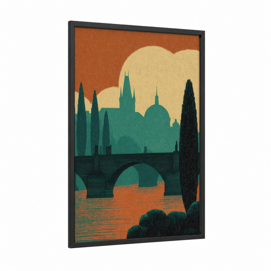 Prague Bridge Sunset framed charles bridge print — black wood frame — orange and gold palette
