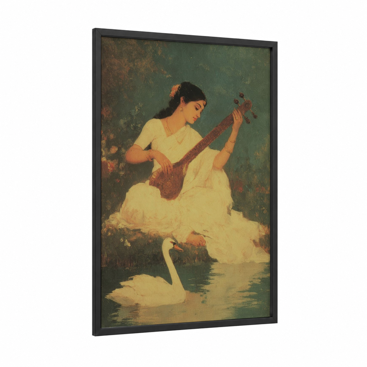 Lakeside Musician framed hinduism print — black wood frame — sage green and cream palette