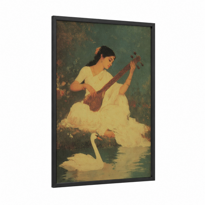 Lakeside Musician framed hinduism print — black wood frame — sage green and cream palette