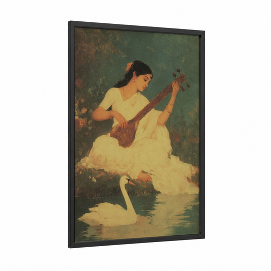 Lakeside Musician framed hinduism print — black wood frame — sage green and cream palette