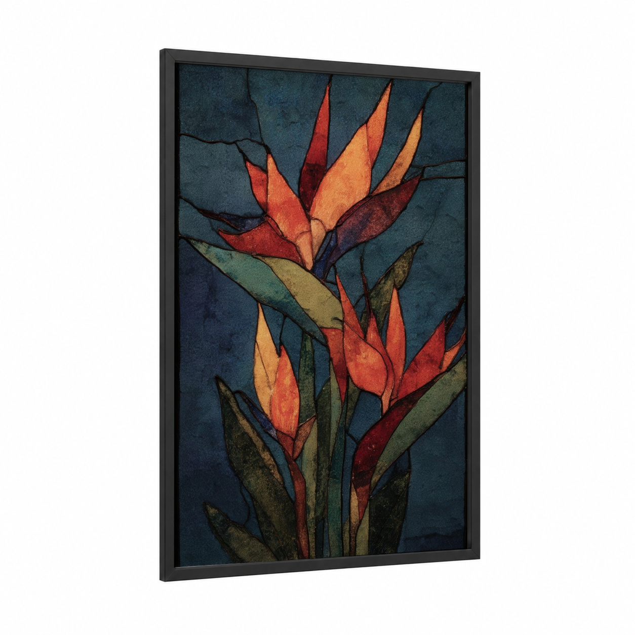 Tropical Fire Blooms framed birds of paradise print — black wood frame — gold and dark blue palette