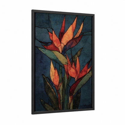 Tropical Fire Blooms framed birds of paradise print — black wood frame — gold and dark blue palette