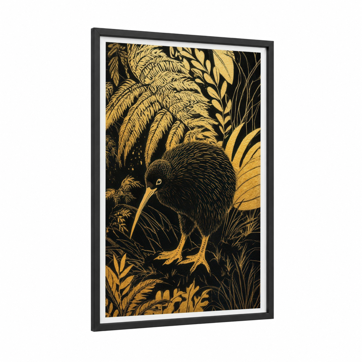Golden Kiwi framed art print — black wood frame — gold and black palette