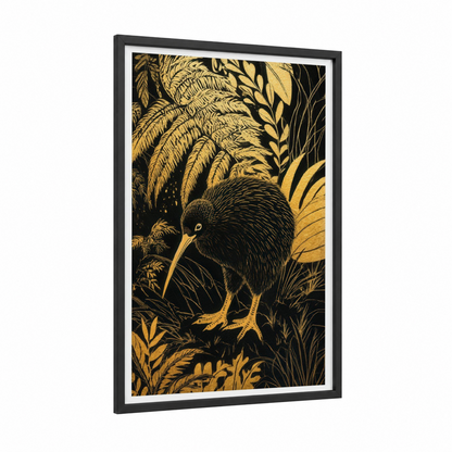 Golden Kiwi framed art print — black wood frame — gold and black palette