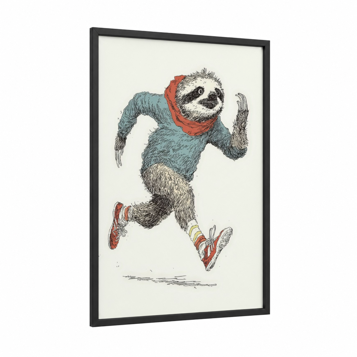 Running Sloth framed art print — black wood frame — teal and russet palette