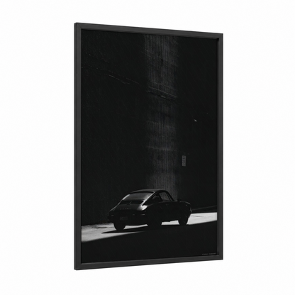 Urban Sports Car framed art print — black wood frame — black and white palette