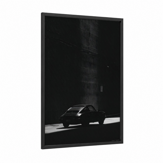 Urban Sports Car framed art print — black wood frame — black and white palette