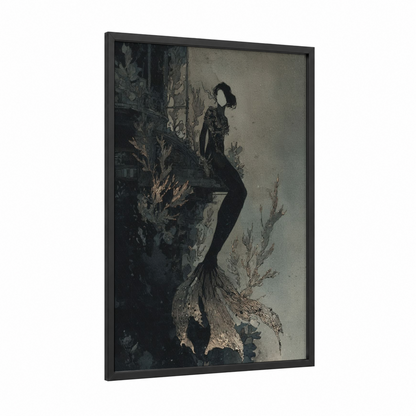 Ethereal Mermaid framed art print — black wood frame — black and white and dove gray palette