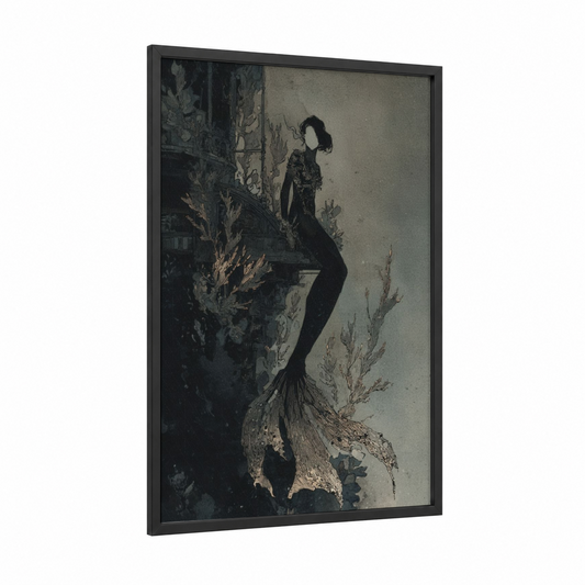 Ethereal Mermaid framed art print — black wood frame — black and white and dove gray palette