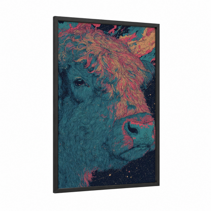 Cosmic Yak framed art print — black wood frame — teal and magenta palette
