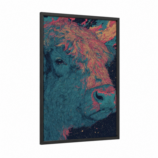 Cosmic Yak framed art print — black wood frame — teal and magenta palette