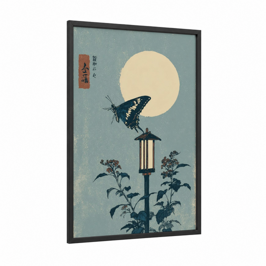 Moonlit Butterfly framed art print — black wood frame — blue and cream palette