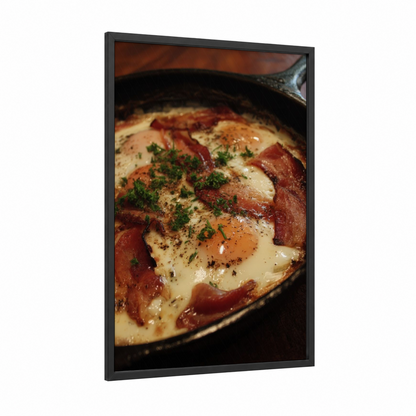 Bacon Egg Skillet framed breakfast print — black wood frame — gold and russet palette