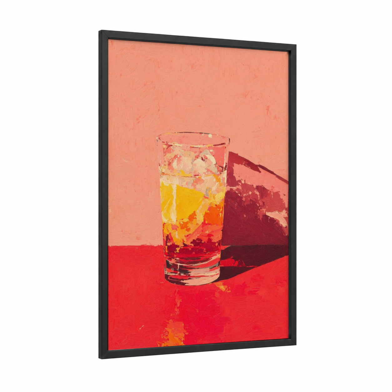 Crimson Cocktail Hour framed art print — black wood frame — red and orange palette