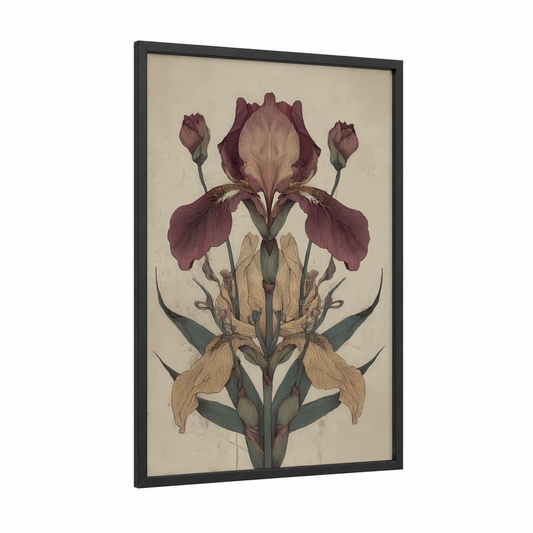 Burgundy Iris Symmetry framed art print — black wood frame — maroon and cream palette