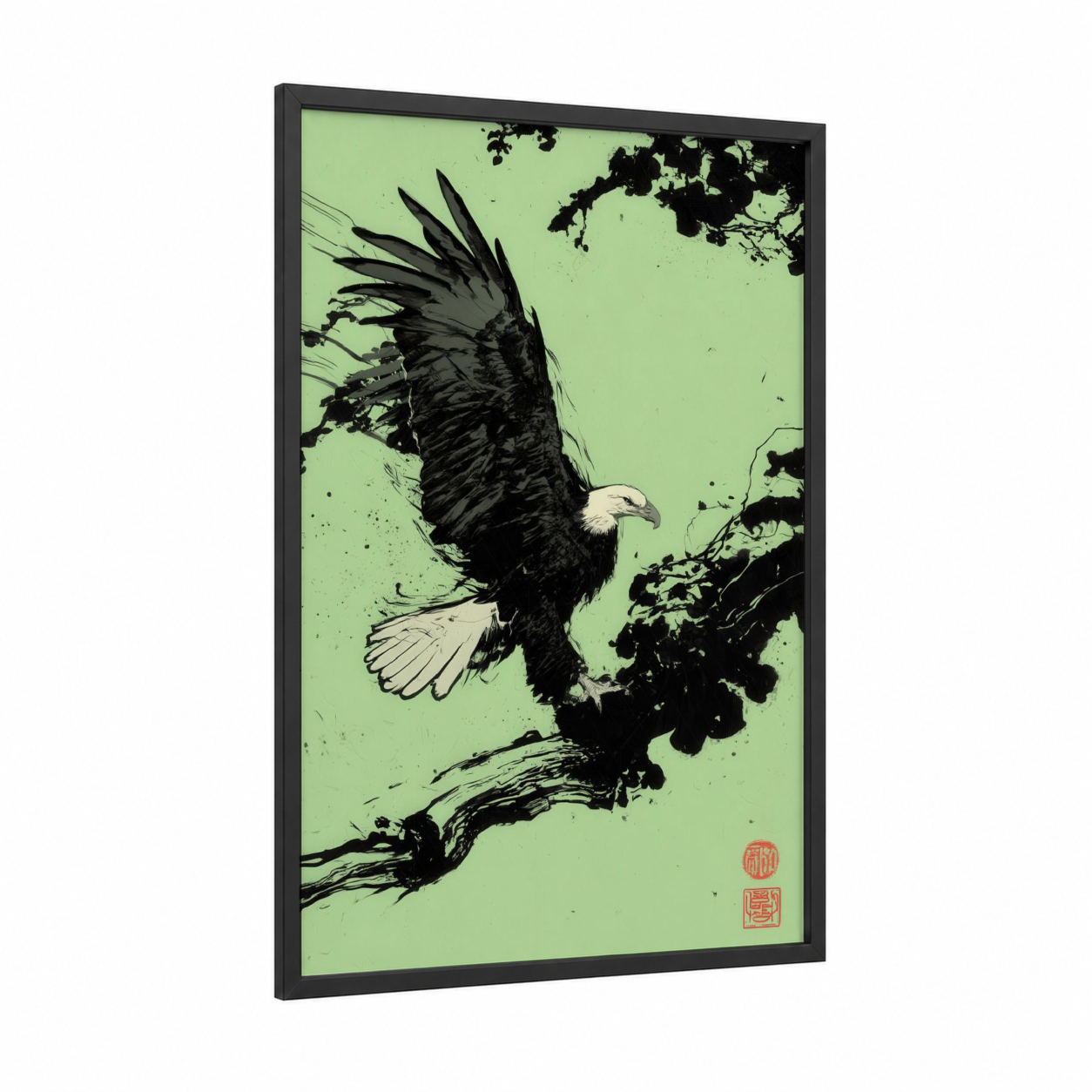 Majestic Eagle Landing framed art print — black wood frame — black and light green palette