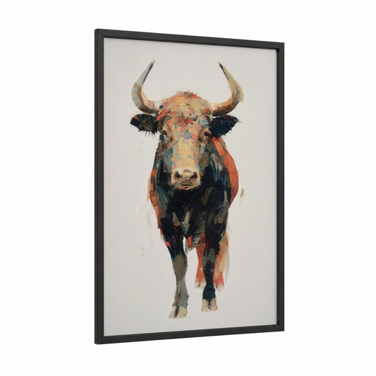 Colorful Bull Portrait framed art print — black wood frame — orange and black palette