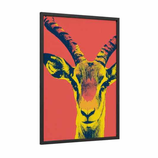 Pop Art Antelope framed art print — black wood frame — yellow gold and blue palette