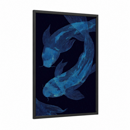 Ethereal Pisces framed art print — black wood frame — dark blue and turquoise palette