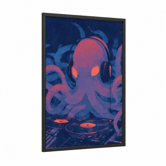Musical Octopus framed art print — black wood frame — blue and magenta palette
